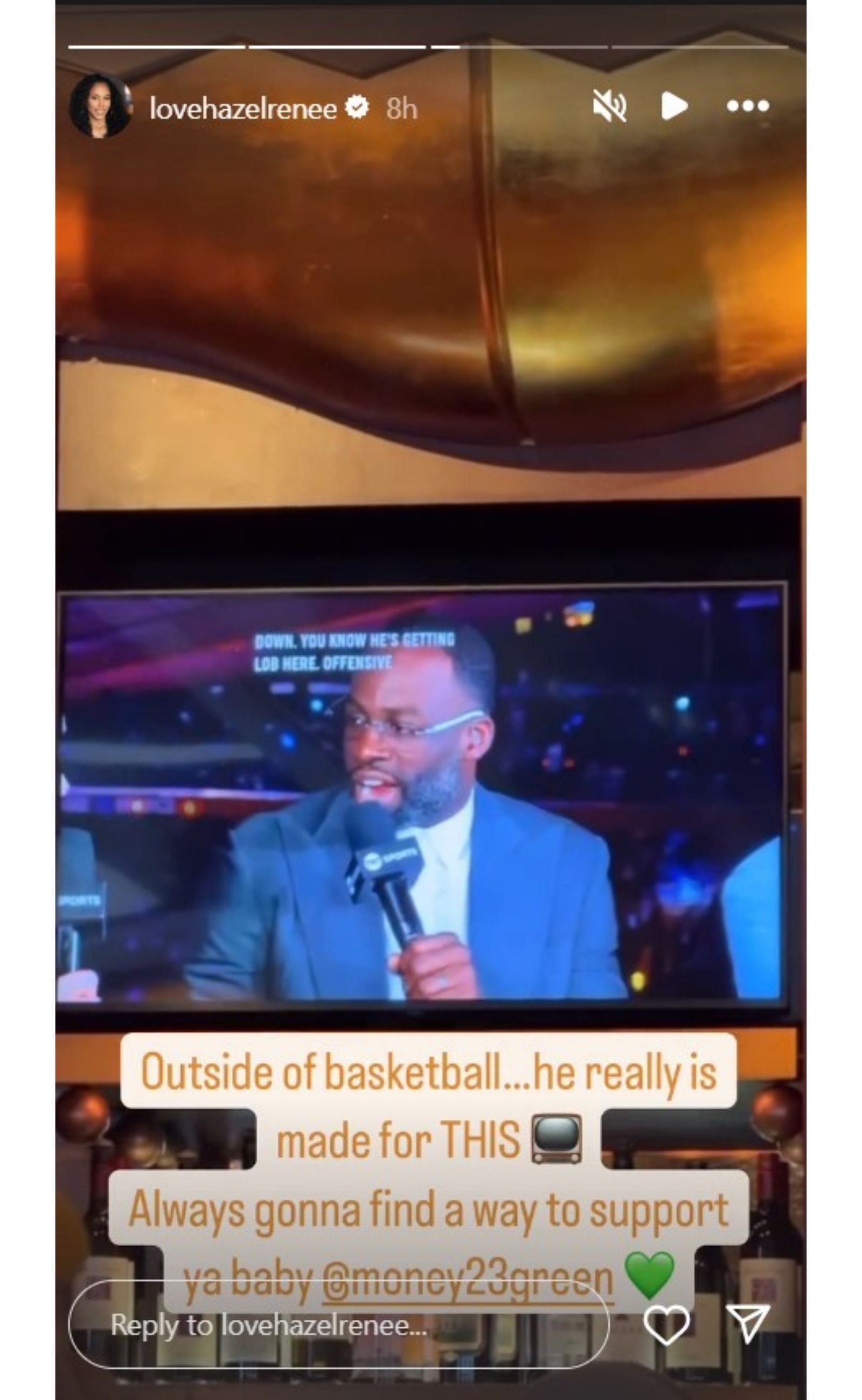 Hazel Renee gives her full support to Draymond Green for his broadcasting work.